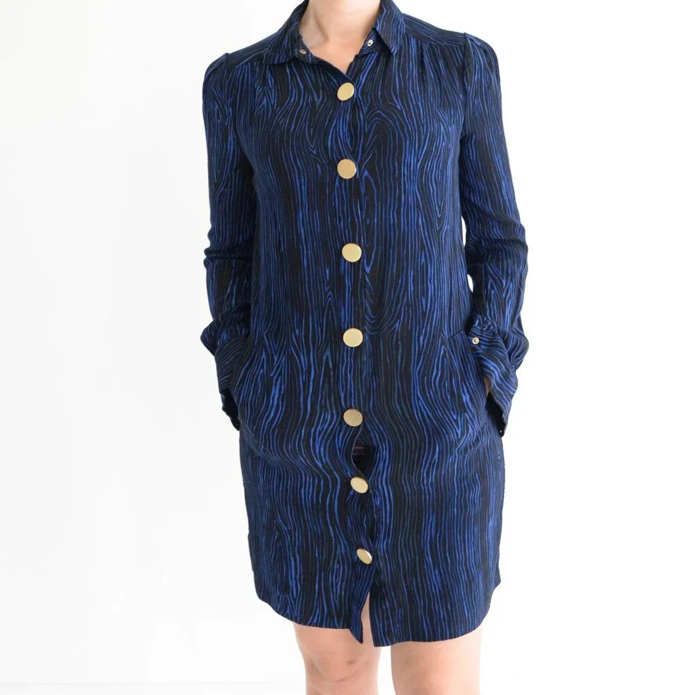 Diane Von Furstenberg Blue Black Gold Button Long Sleeve Midi Dress 4